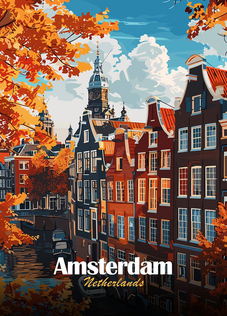 Amsterdam Netherlands Autumn Cityscape Illustration metal poster artwork